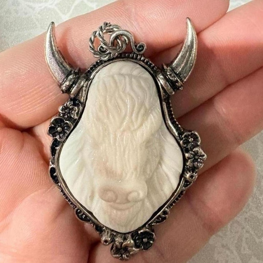 Vintage inspired Silver tone and faux White ivory Buffalo Bull Pendant